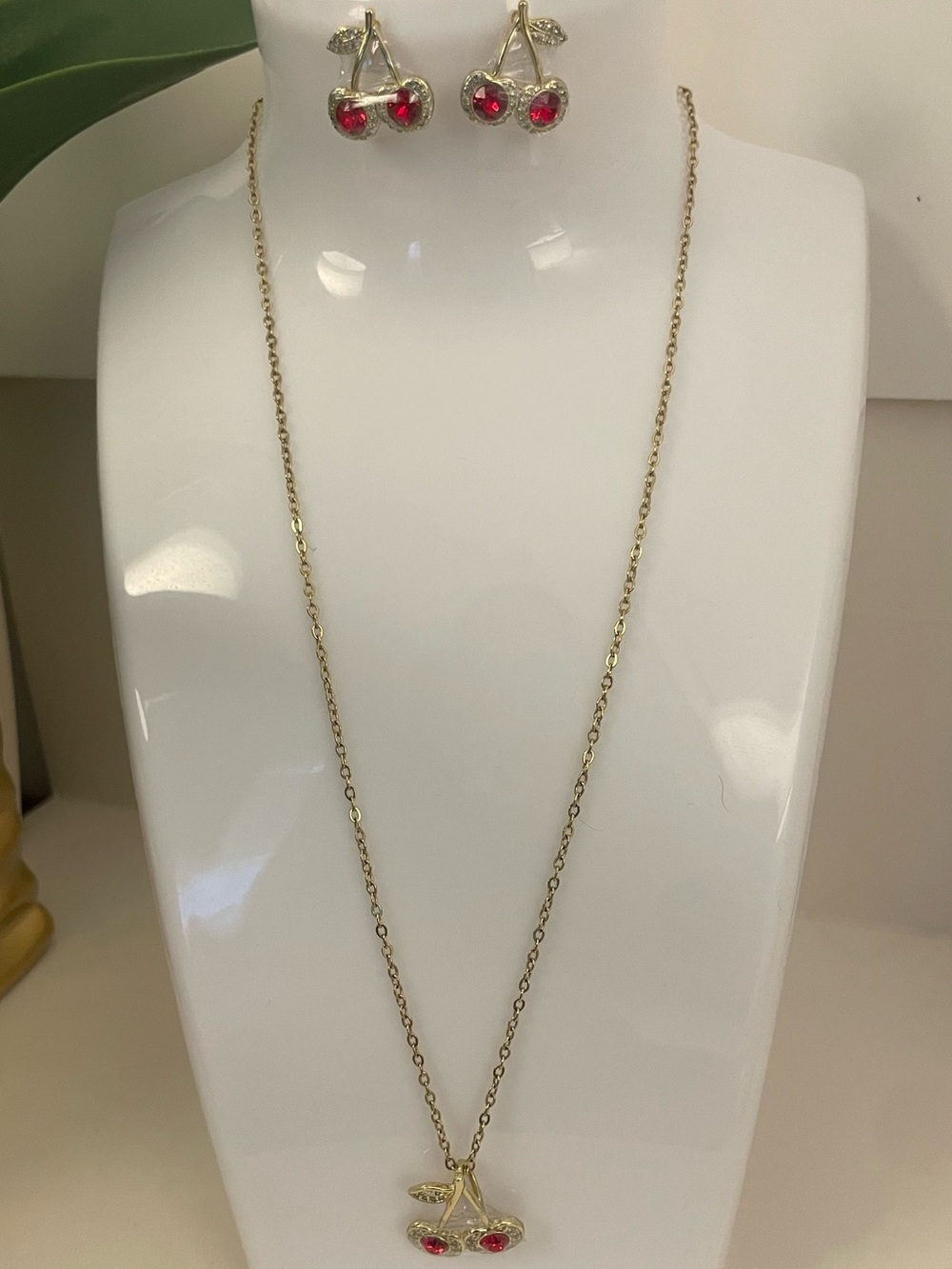 Gold Cherry Necklace and Earrings Set with Pink Crystals